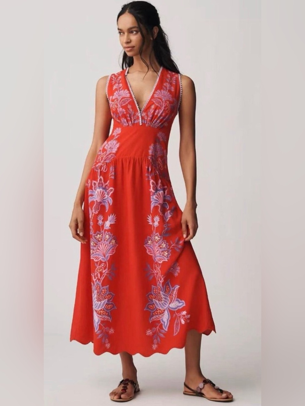 NWT Farm Rio Porceline Garden Red Linen Maxi Dress, XL